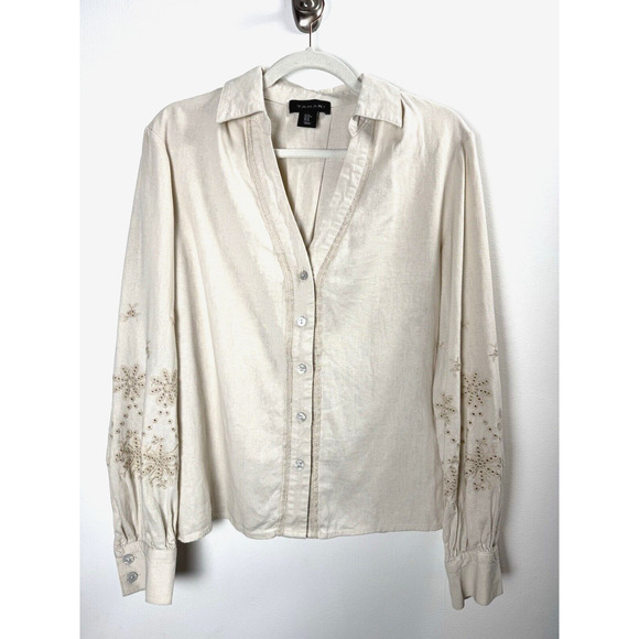 Tahari Linen Blend Top Bohemian Hippie Hipster Classy Cottagecore Peasant Chic M - Picture 1 of 6